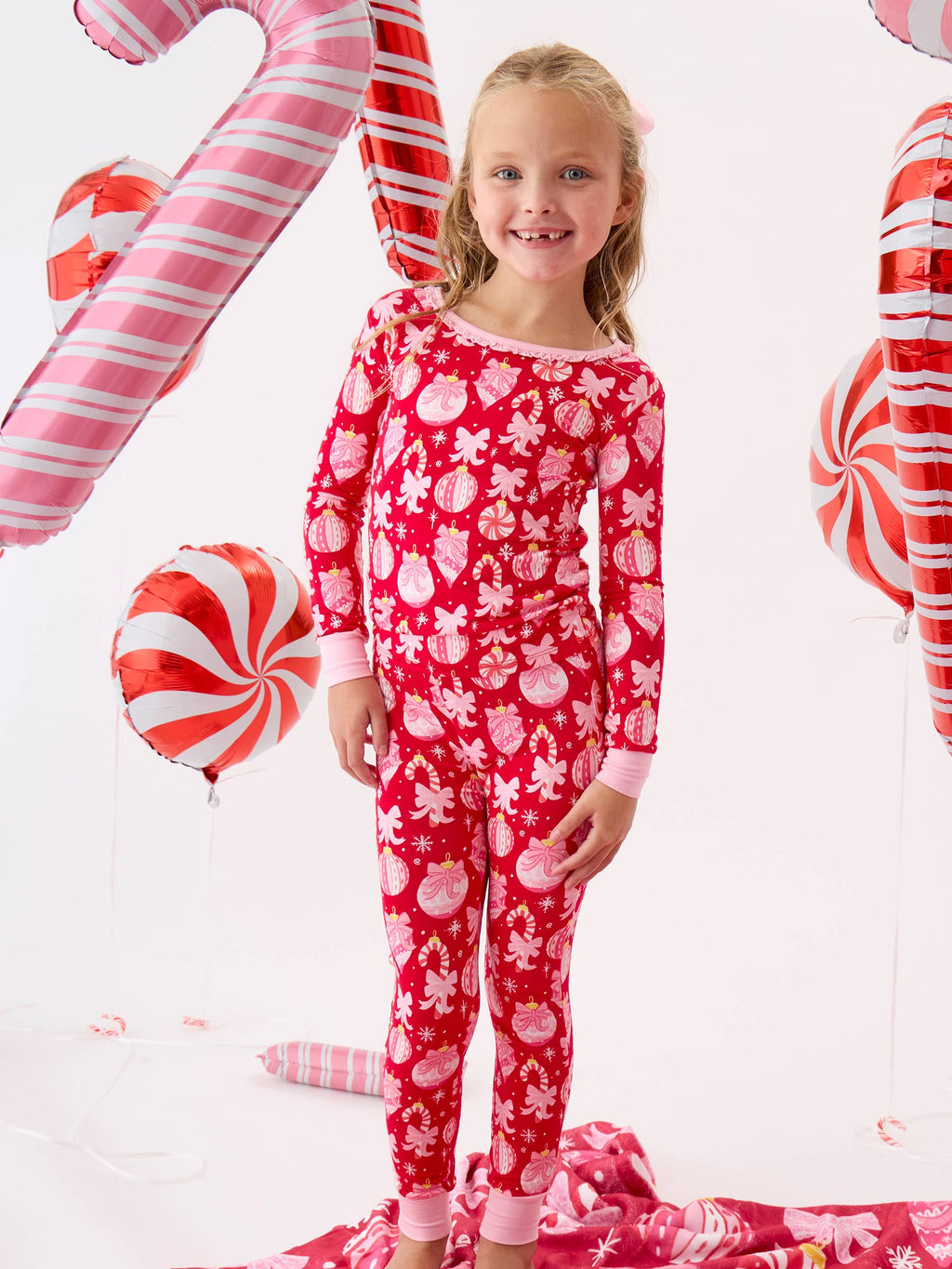 SoftSnooze™ Girls Bamboo Viscose Red Holly Christmas Ornament Bows Ruffle Long Sleeve Pajama Set