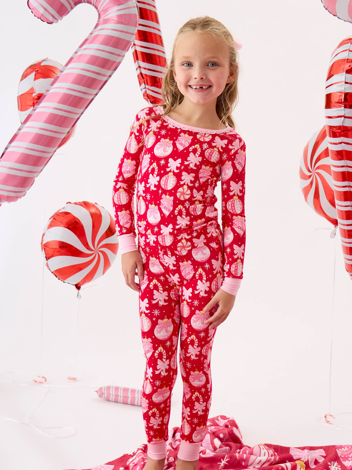 SoftSnooze™ Girls Bamboo Viscose Red Holly Christmas Ornament Bows Ruffle Long Sleeve Pajama Set