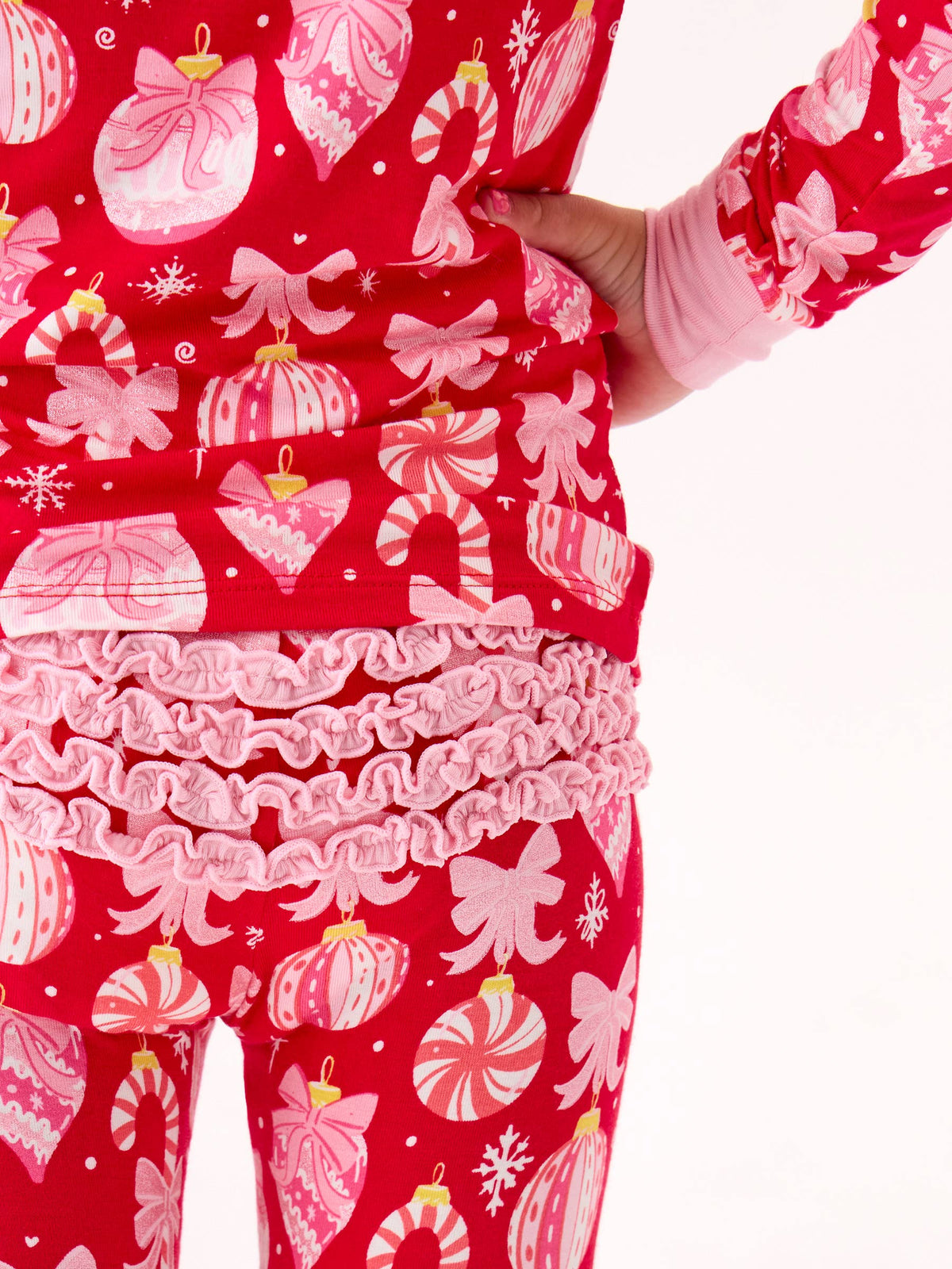 SoftSnooze™ Toddler Girls Bamboo Viscose Red Holly Christmas Ornament Bows Ruffle Long Sleeve Pajama Set with Signature Rear Ruffles