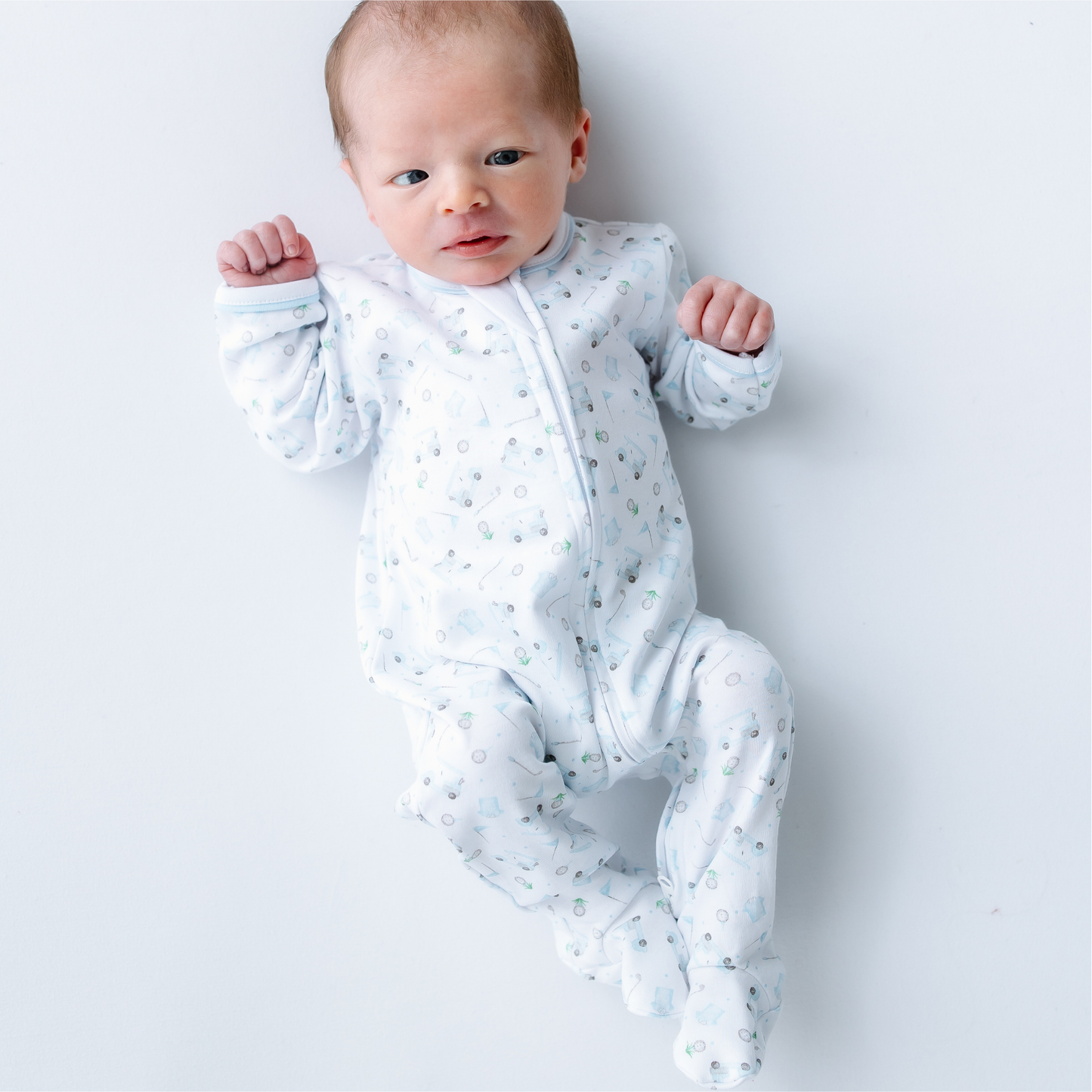 Little Golfer Print Zip Footie - Light Blue