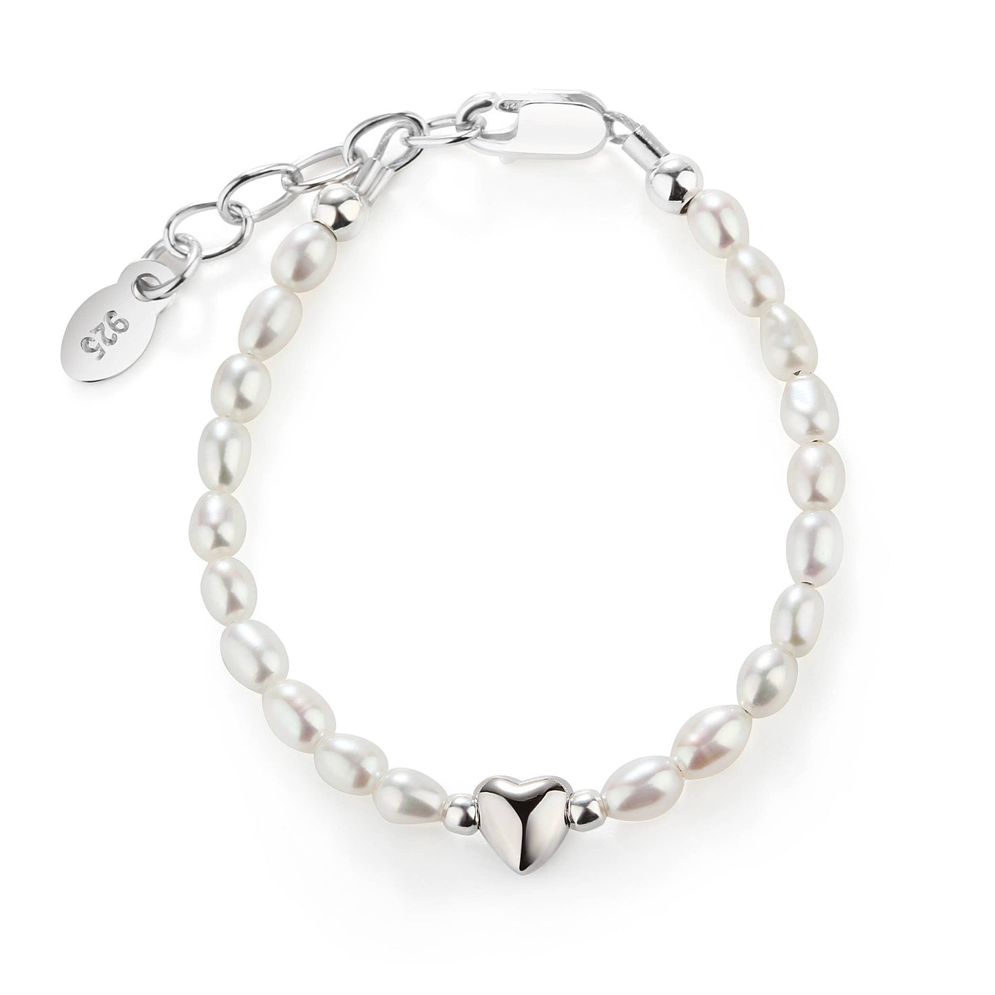 Girls Sterling Silver Pearl and Heart Baby Bracelet for Kids