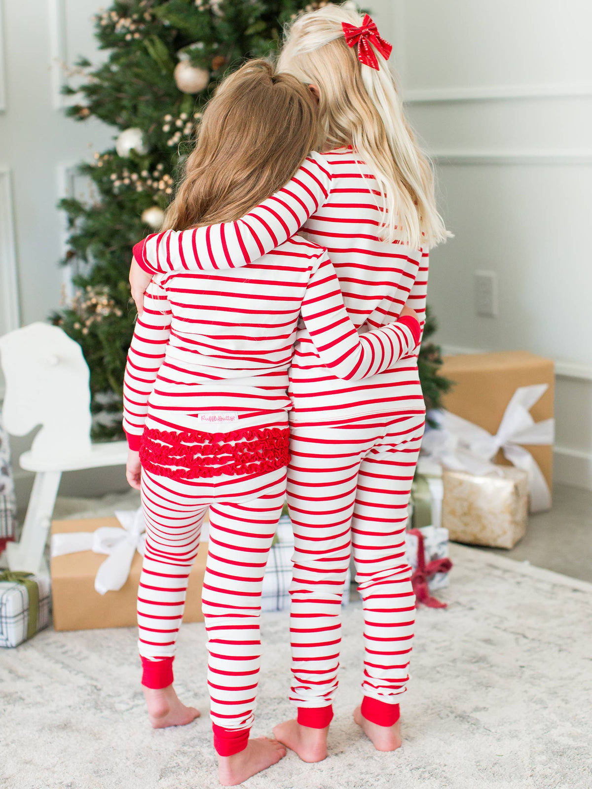 SoftSnooze™ Toddler Girls Cotton Modal Red & White Stripe Ruffle Long Sleeve Pajama Set with Signature Rear Ruffles
