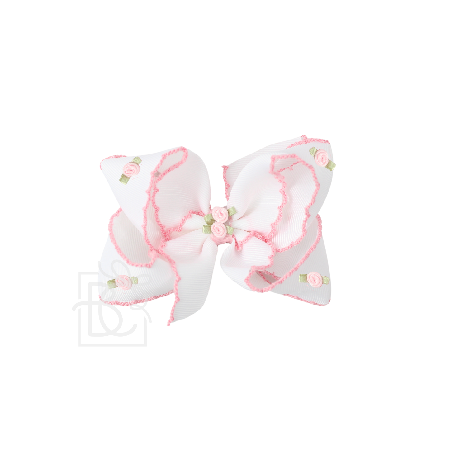 FLOWER EMBELLISHED CROCHET EDGE BOW ON ALLIGATOR CLIP