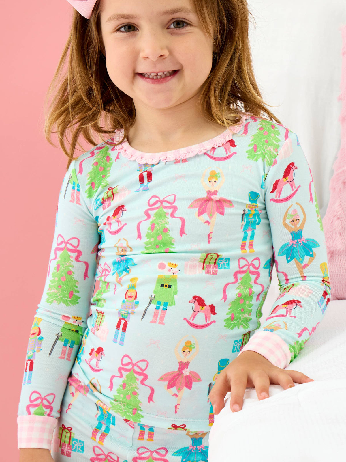 SoftSnooze™ Toddler Girls Bamboo Viscose Nutcracker Christmas Wishes Ruffle Long Sleeve Pajama Set with Signature Rear Ruffles
