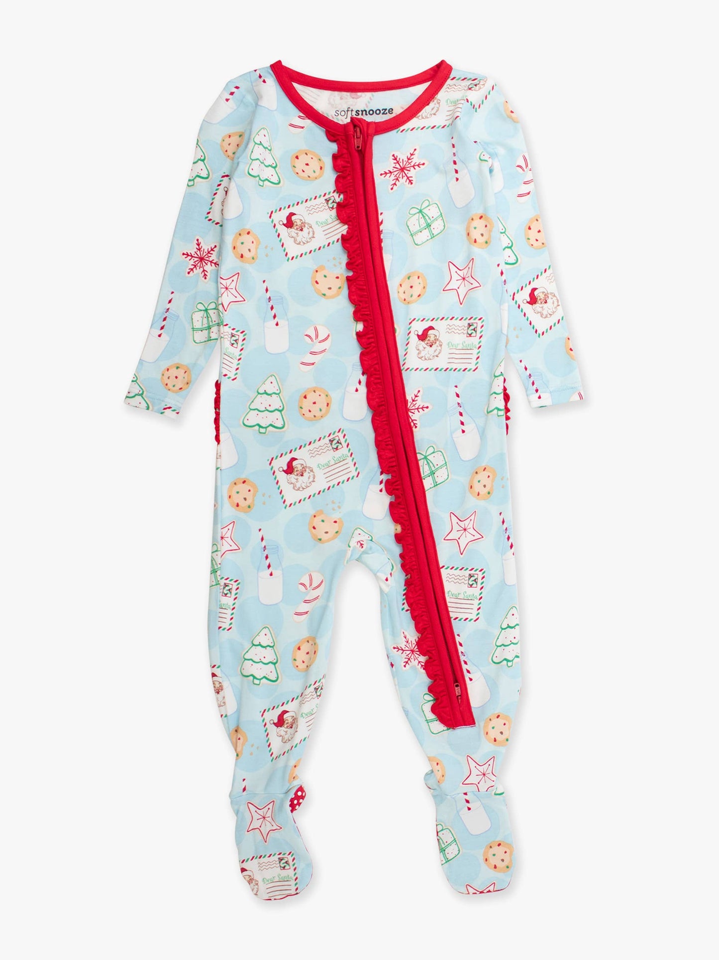 SoftSnooze™ Baby Girls Bamboo Viscose Santa Sweets Footed Ruffle One Piece Pajama