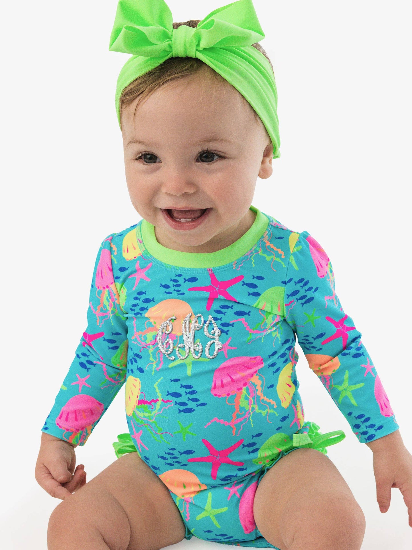 Baby Girls Neon Jelly Time Long Sleeve One Piece Rash Guard Swimsuit with Signature Rear Ruffles