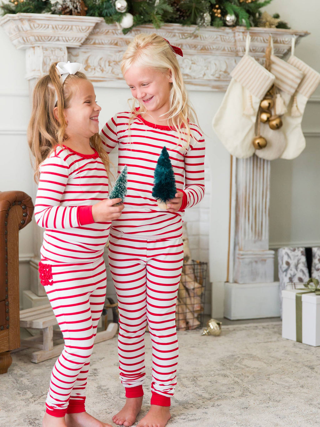 SoftSnooze™ Toddler Girls Cotton Modal Red & White Stripe Ruffle Long Sleeve Pajama Set with Signature Rear Ruffles
