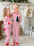 SoftSnooze™ Toddler Girls Cotton Modal Red & White Stripe Ruffle Long Sleeve Pajama Set with Signature Rear Ruffles