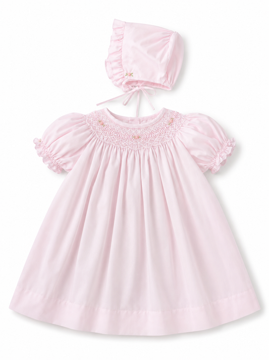 Pink smocked floral with tiny pearl dress