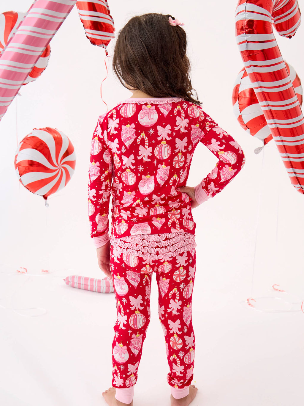 SoftSnooze™ Toddler Girls Bamboo Viscose Red Holly Christmas Ornament Bows Ruffle Long Sleeve Pajama Set with Signature Rear Ruffles