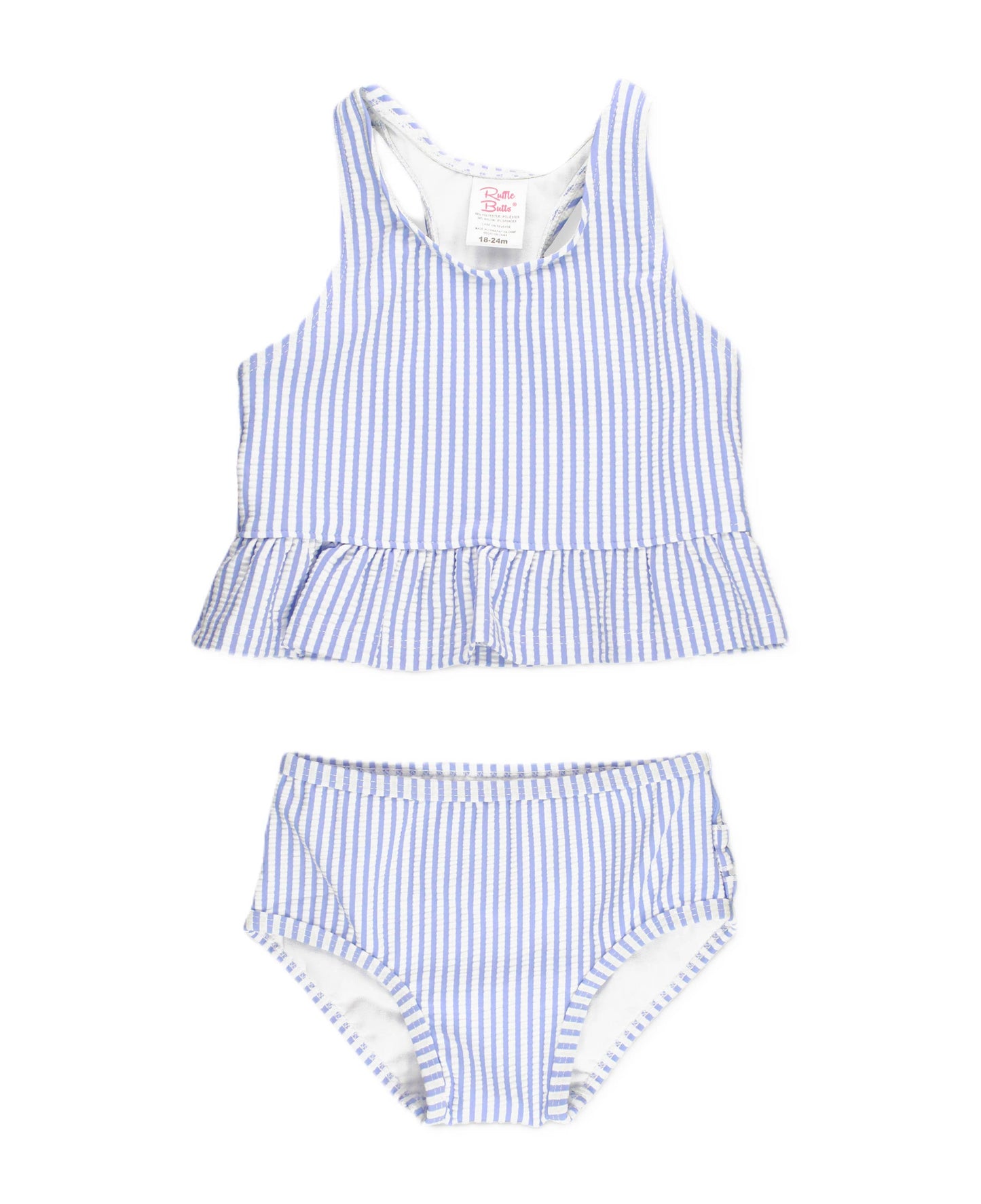 Girls Periwinkle Blue Seersucker Peplum Tankini 2-Piece Swimsuit with Signature Rear Ruffles