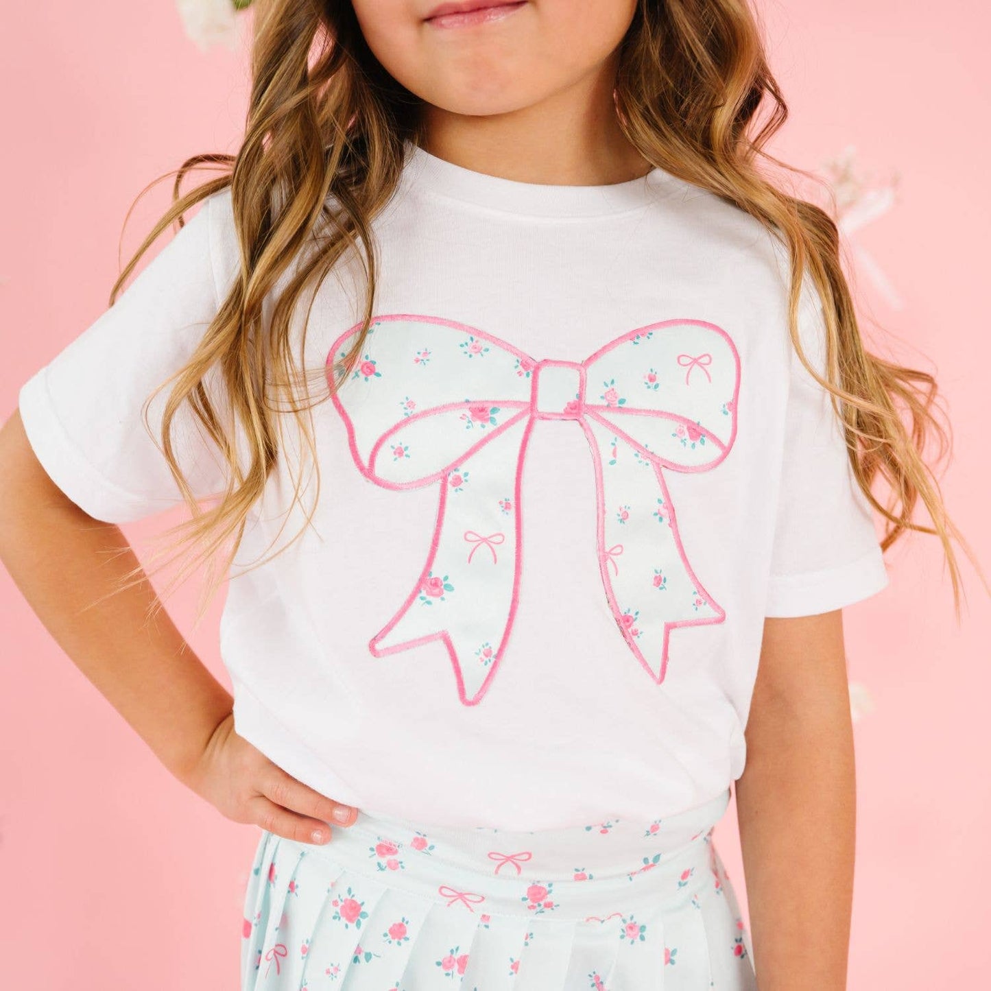 Sky Blue Floral Bow Patch Short Sleeve T-Shirt - Kids Spring