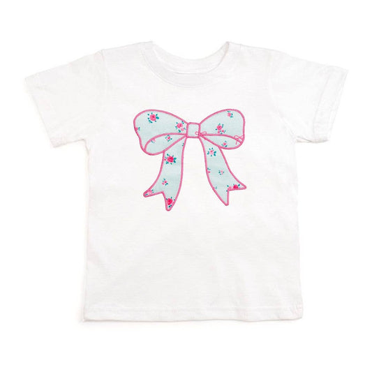 Sky Blue Floral Bow Patch Short Sleeve T-Shirt - Kids Spring