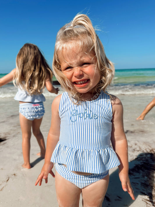 Girls Periwinkle Blue Seersucker Peplum Tankini 2-Piece Swimsuit with Signature Rear Ruffles