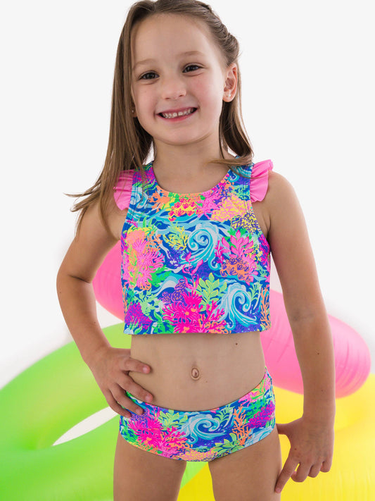 Girls Neon Ocean Coral Racerback Flutter Tankini 2-Piece Swimsuit