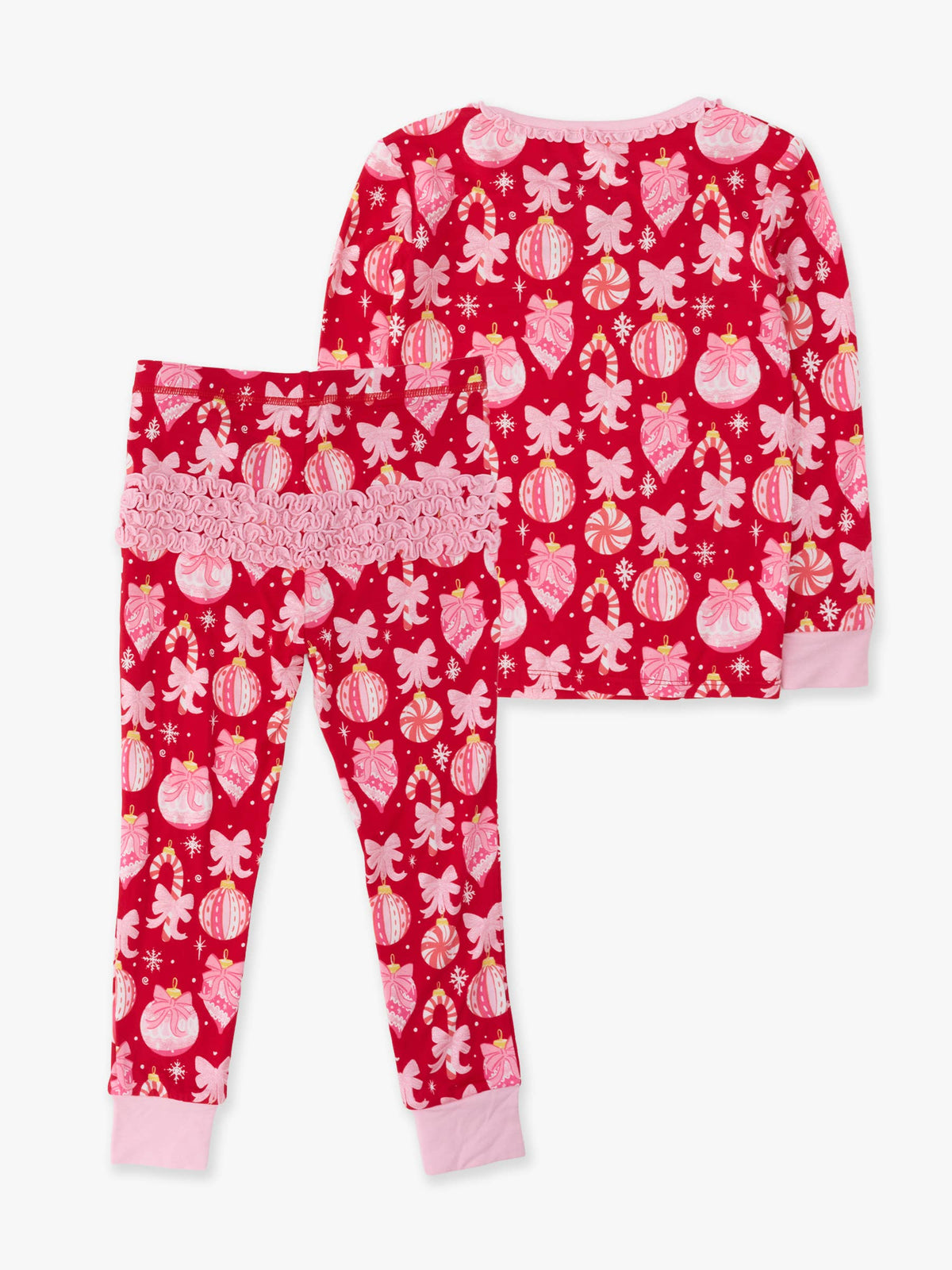 SoftSnooze™ Toddler Girls Bamboo Viscose Red Holly Christmas Ornament Bows Ruffle Long Sleeve Pajama Set with Signature Rear Ruffles