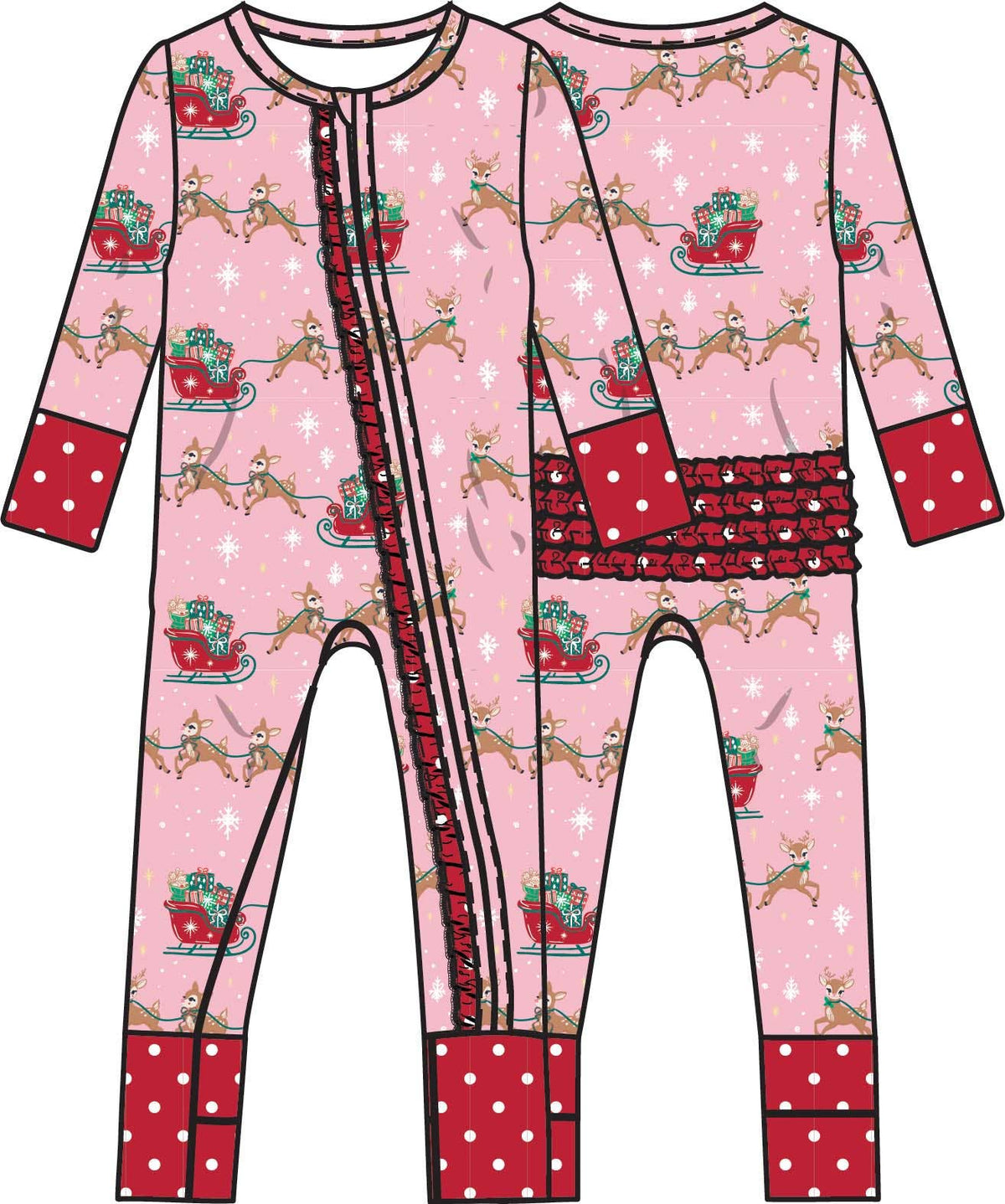 SoftSnooze™ Baby Girls Bamboo Viscose Pink Christmas Reindeer Sleigh Ride Convertible Ruffle One Piece Footie Pajama