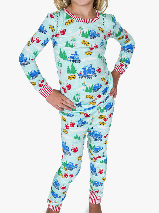 SoftSnooze™ Kids Bamboo Viscose Snowy Train Tracks Long Sleeve Pajama Set
