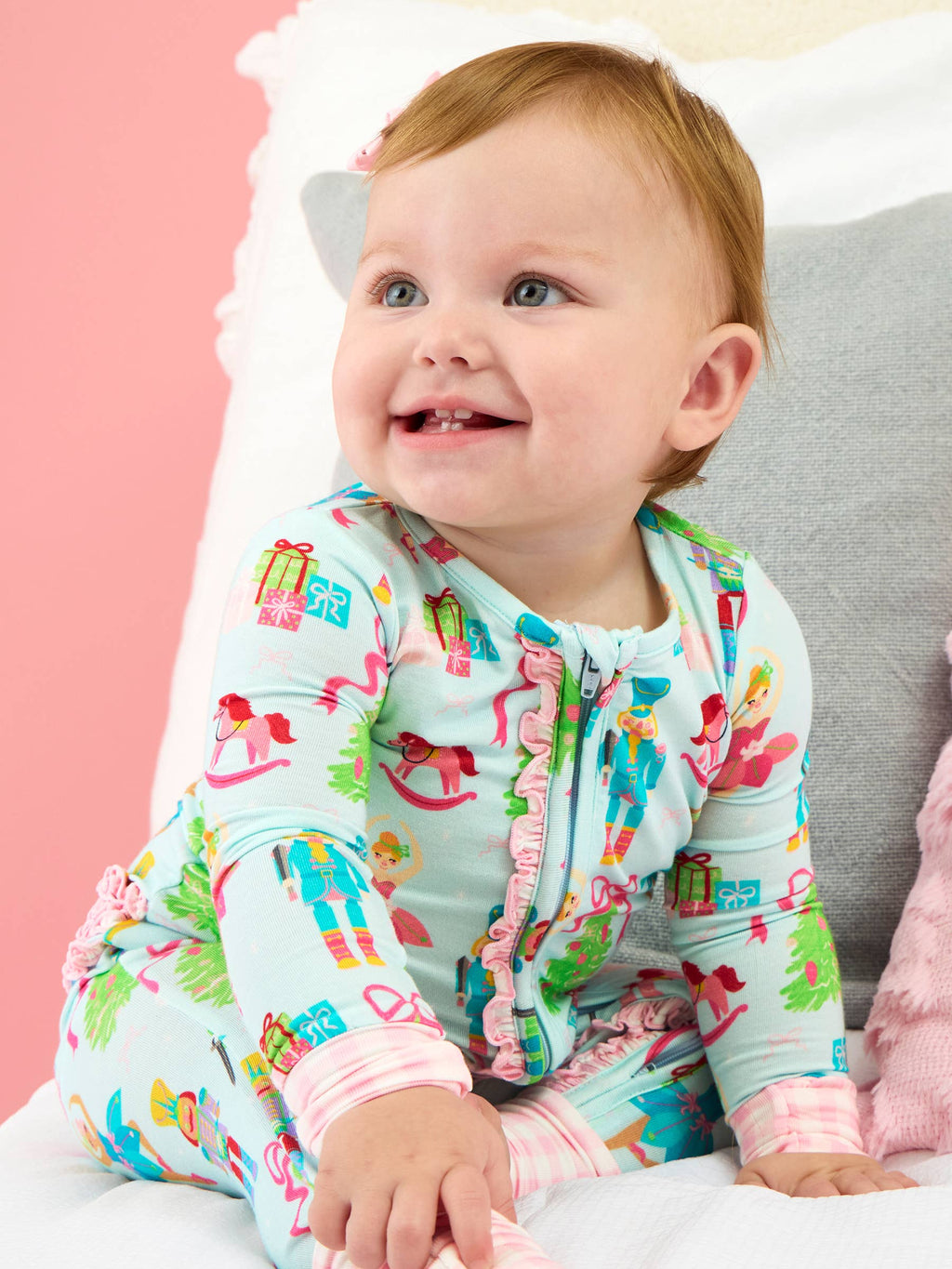 SoftSnooze™ Baby Girls Bamboo Viscose Nutcracker Christmas Wishes Convertible Ruffle One Piece Footie Pajama
