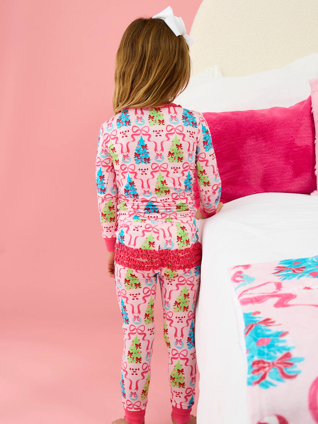 SoftSnooze™ Toddler Girls Bamboo Viscose Merry & Bright Christmas Bows Ruffle Long Sleeve Pajama Set with Signature Rear Ruffles