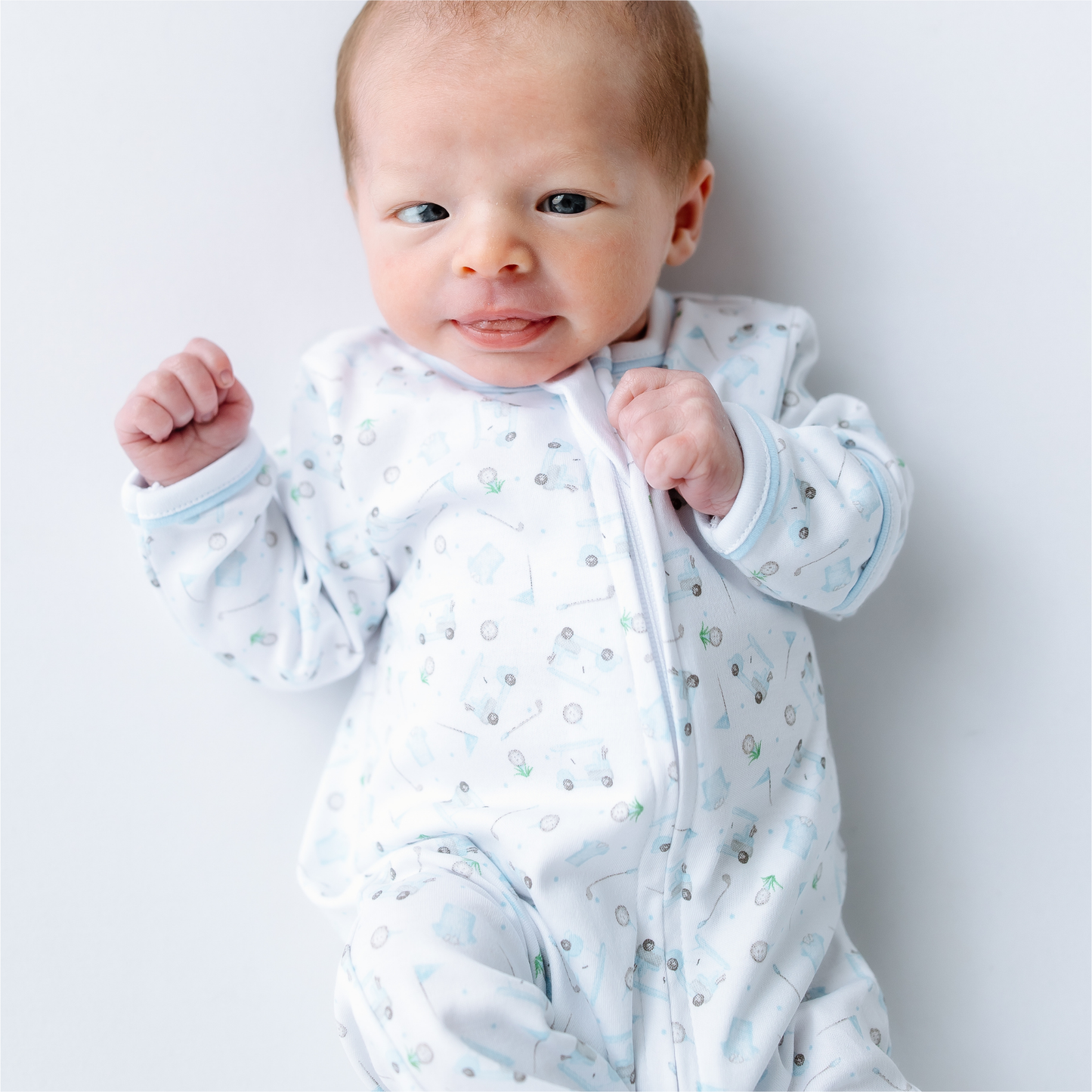 Little Golfer Print Zip Footie - Light Blue