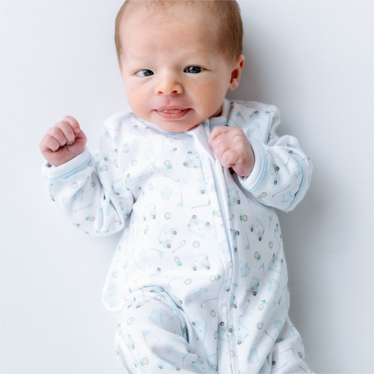 Little Golfer Print Zip Footie - Light Blue