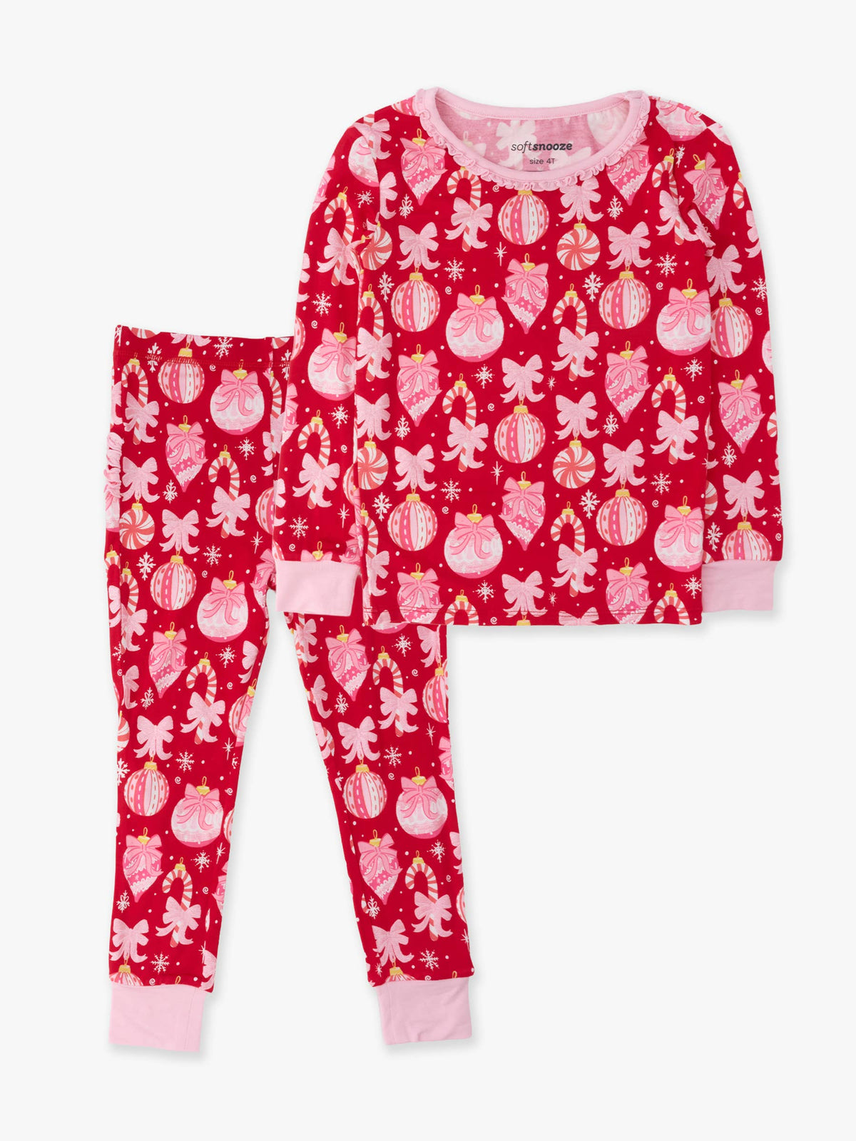 SoftSnooze™ Toddler Girls Bamboo Viscose Red Holly Christmas Ornament Bows Ruffle Long Sleeve Pajama Set with Signature Rear Ruffles