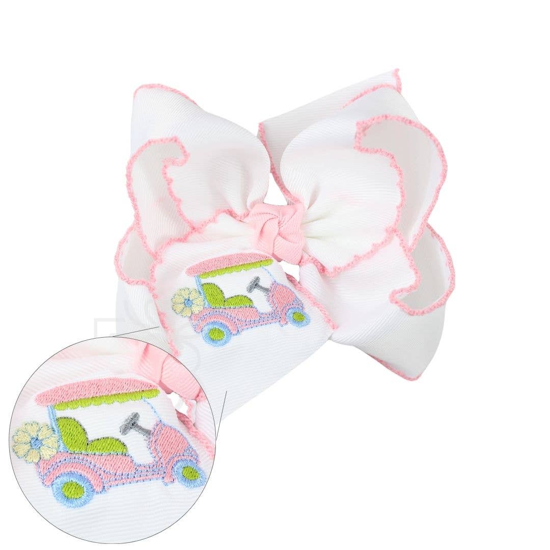 EMBROIDERED GOLF CART CROCHET EDGE HAIR BOW