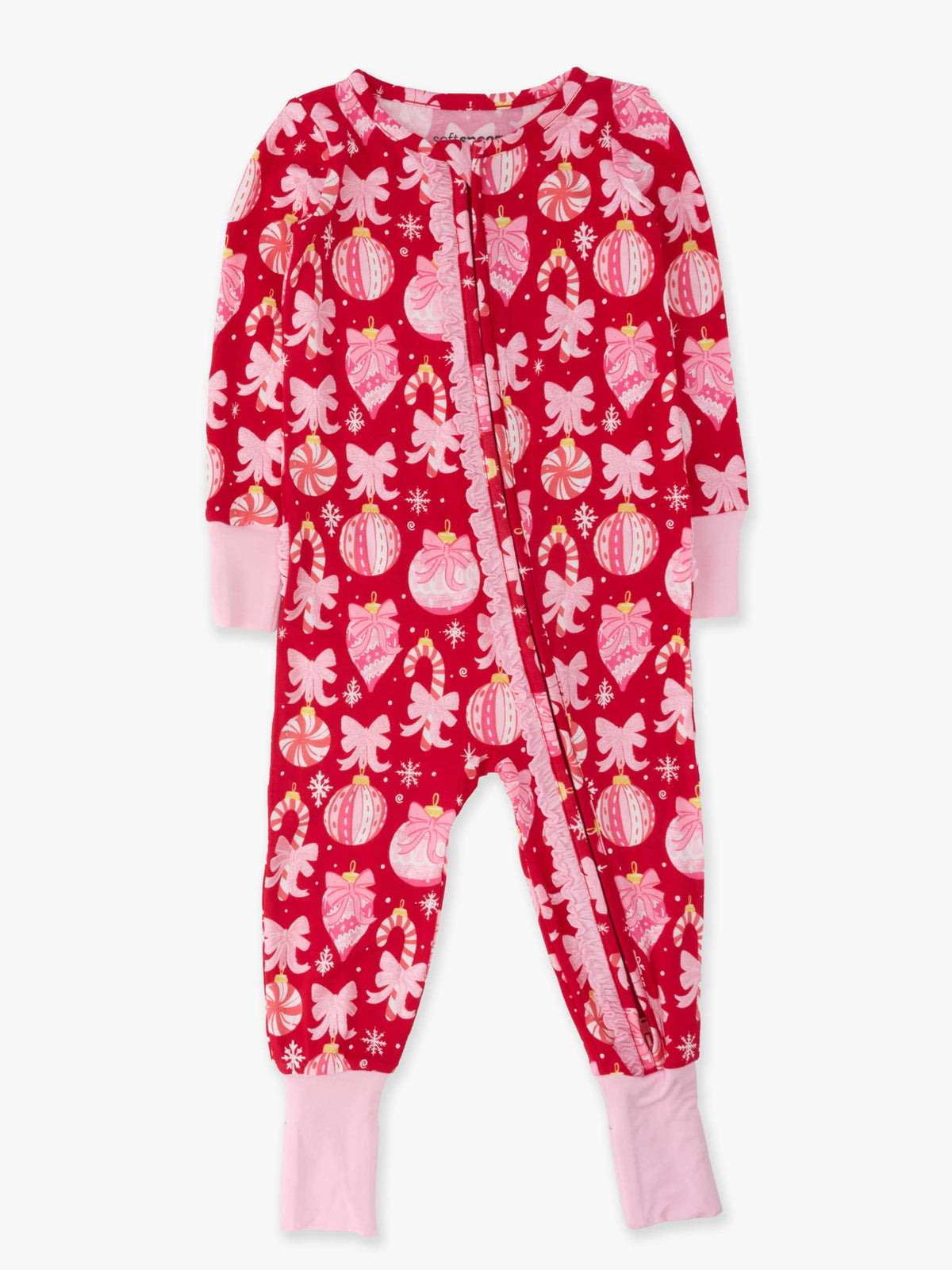 SoftSnooze™ Baby Girls Bamboo Viscose Red Holly Christmas Ornament Bows Convertible Ruffle One Piece Footie Pajama
