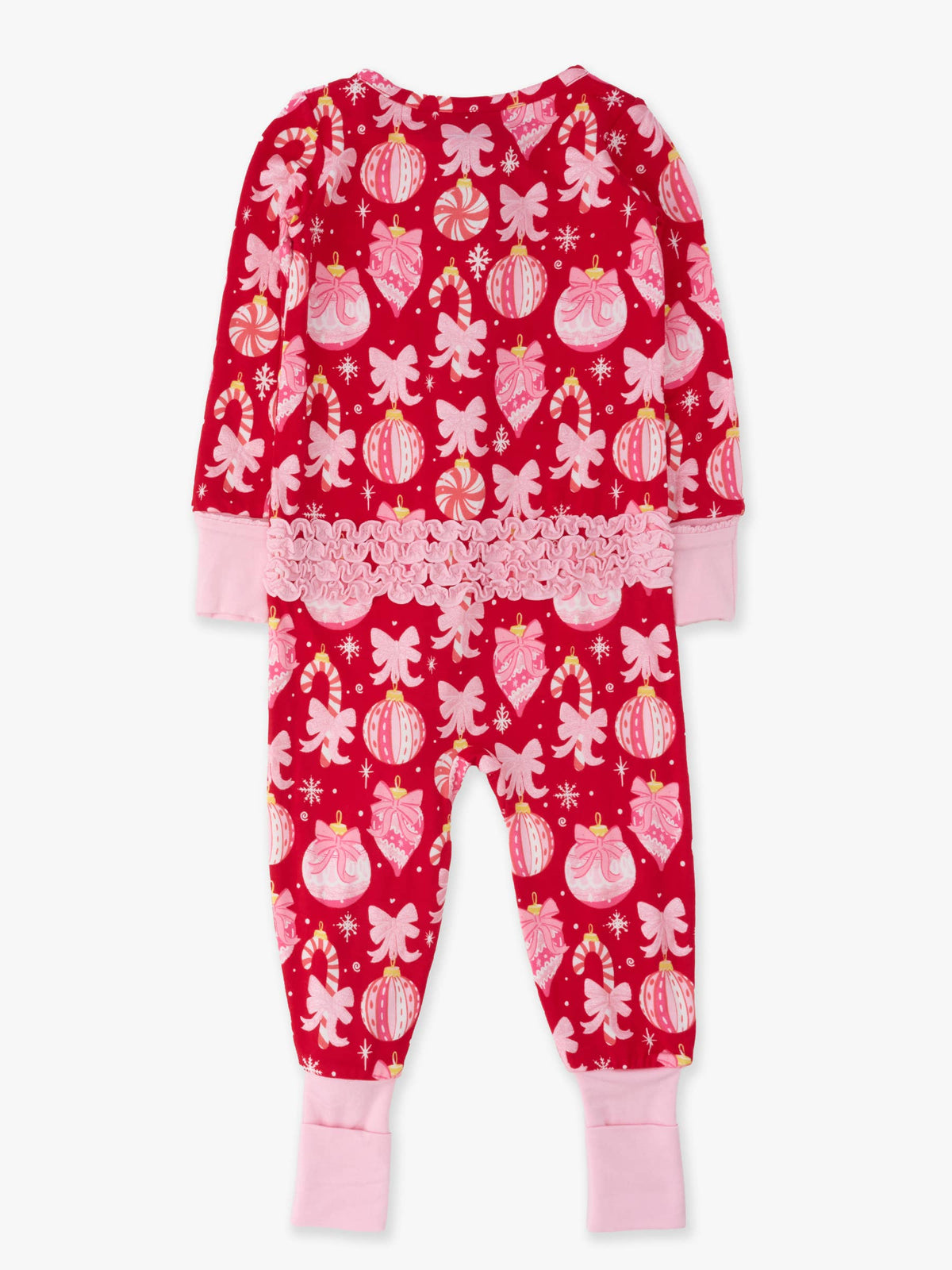 SoftSnooze™ Baby Girls Bamboo Viscose Red Holly Christmas Ornament Bows Convertible Ruffle One Piece Footie Pajama