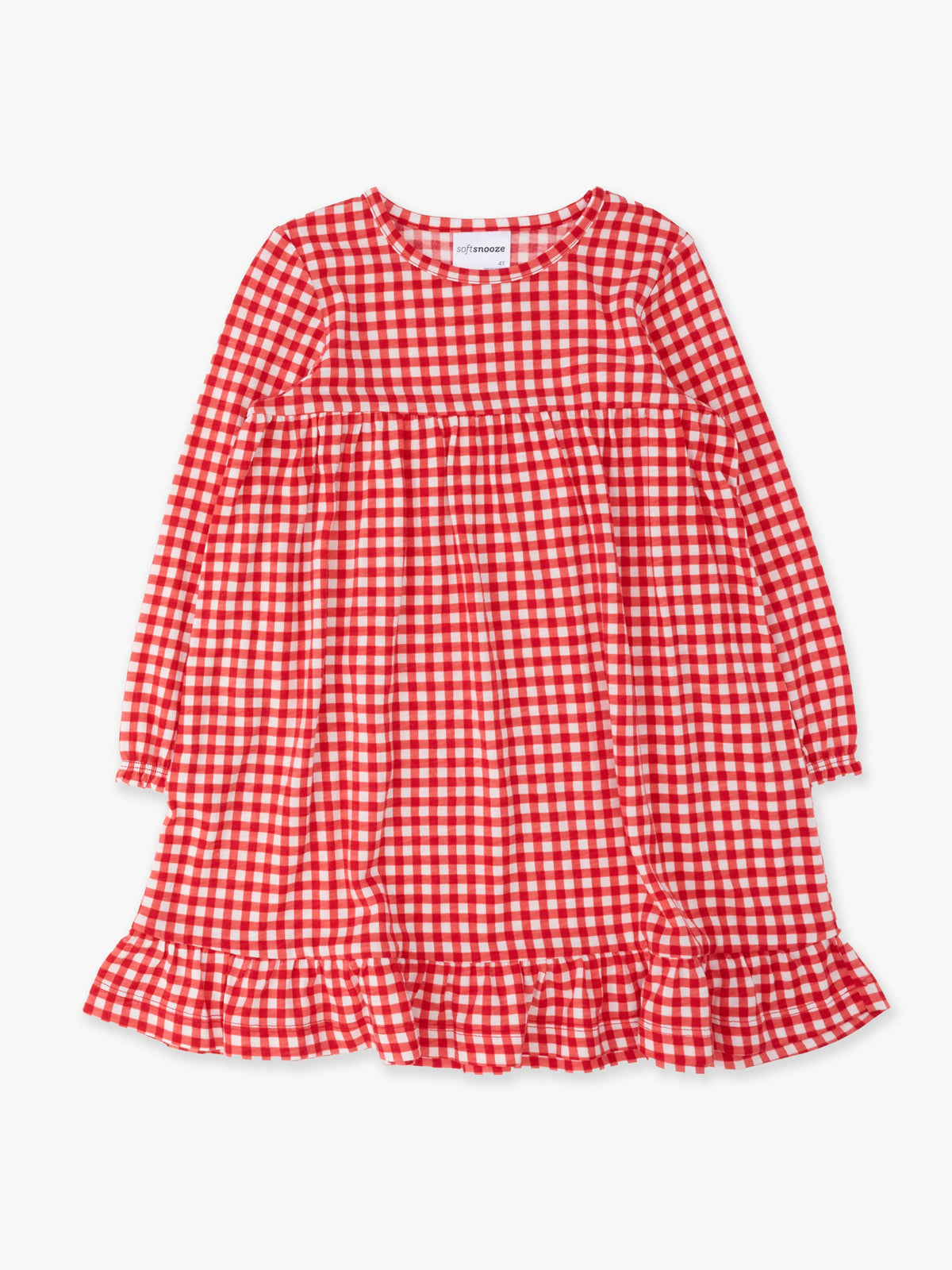 SoftSnooze™ Girls Red & White Gingham Long Sleeve Ruffle Pajama Night Gown