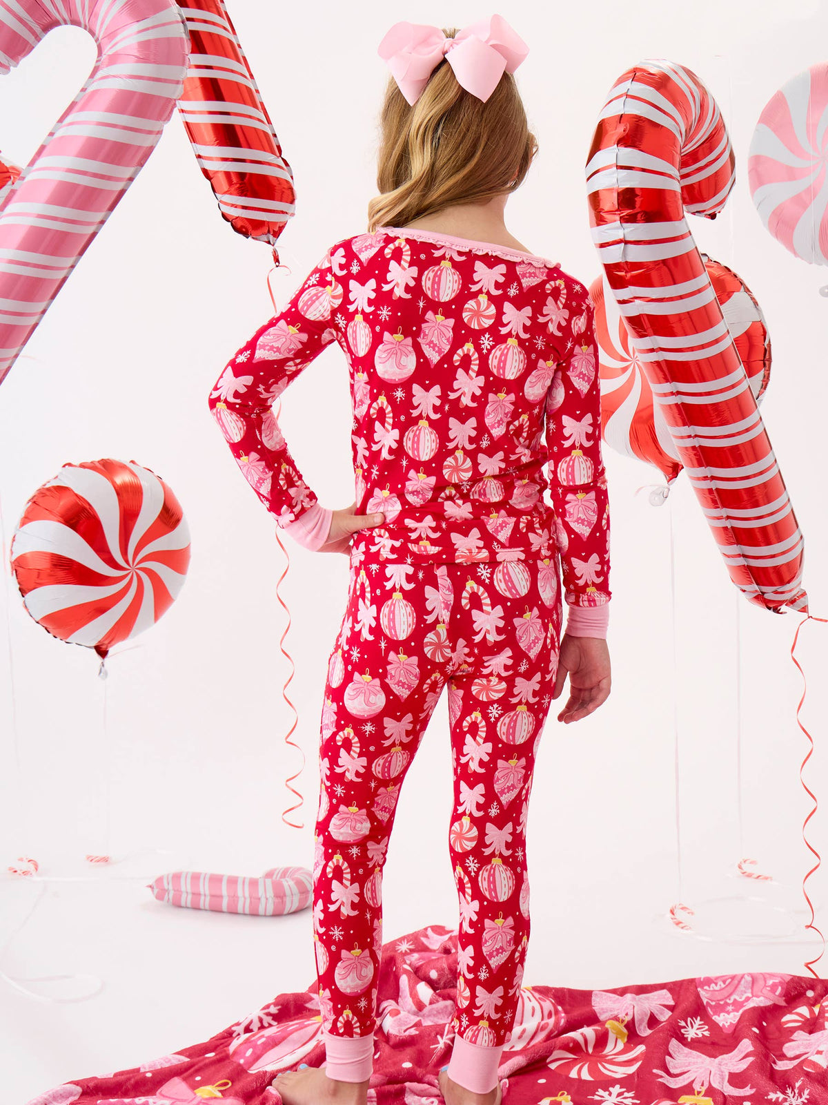 SoftSnooze™ Girls Bamboo Viscose Red Holly Christmas Ornament Bows Ruffle Long Sleeve Pajama Set