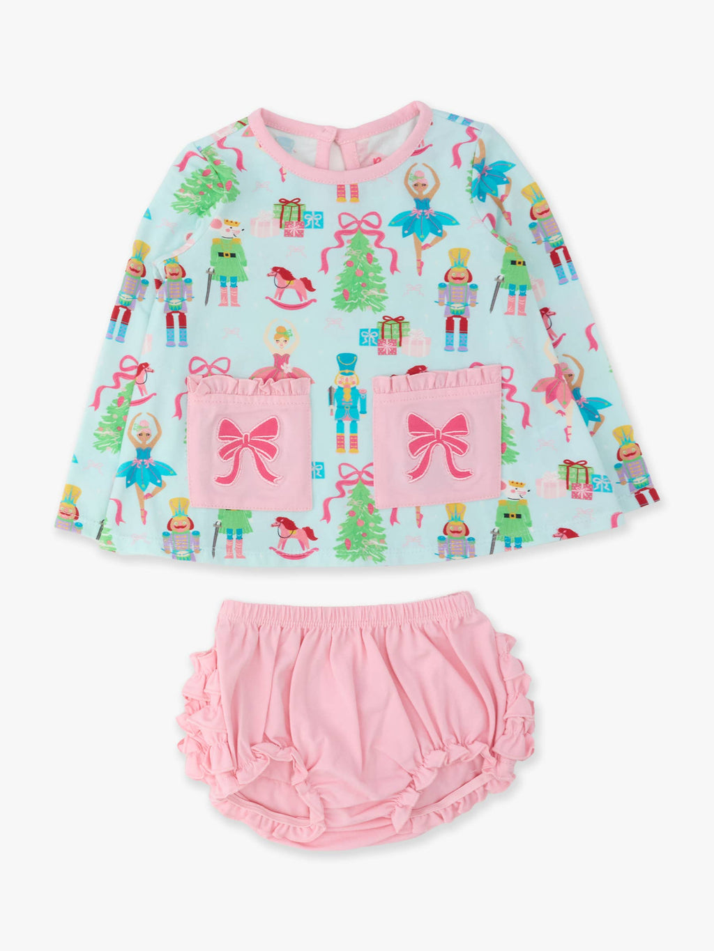 Baby Girls Nutcracker Christmas Wishes Knit Long Sleeve Applique Pocket Swing Top & Ruffle Bloomer Set