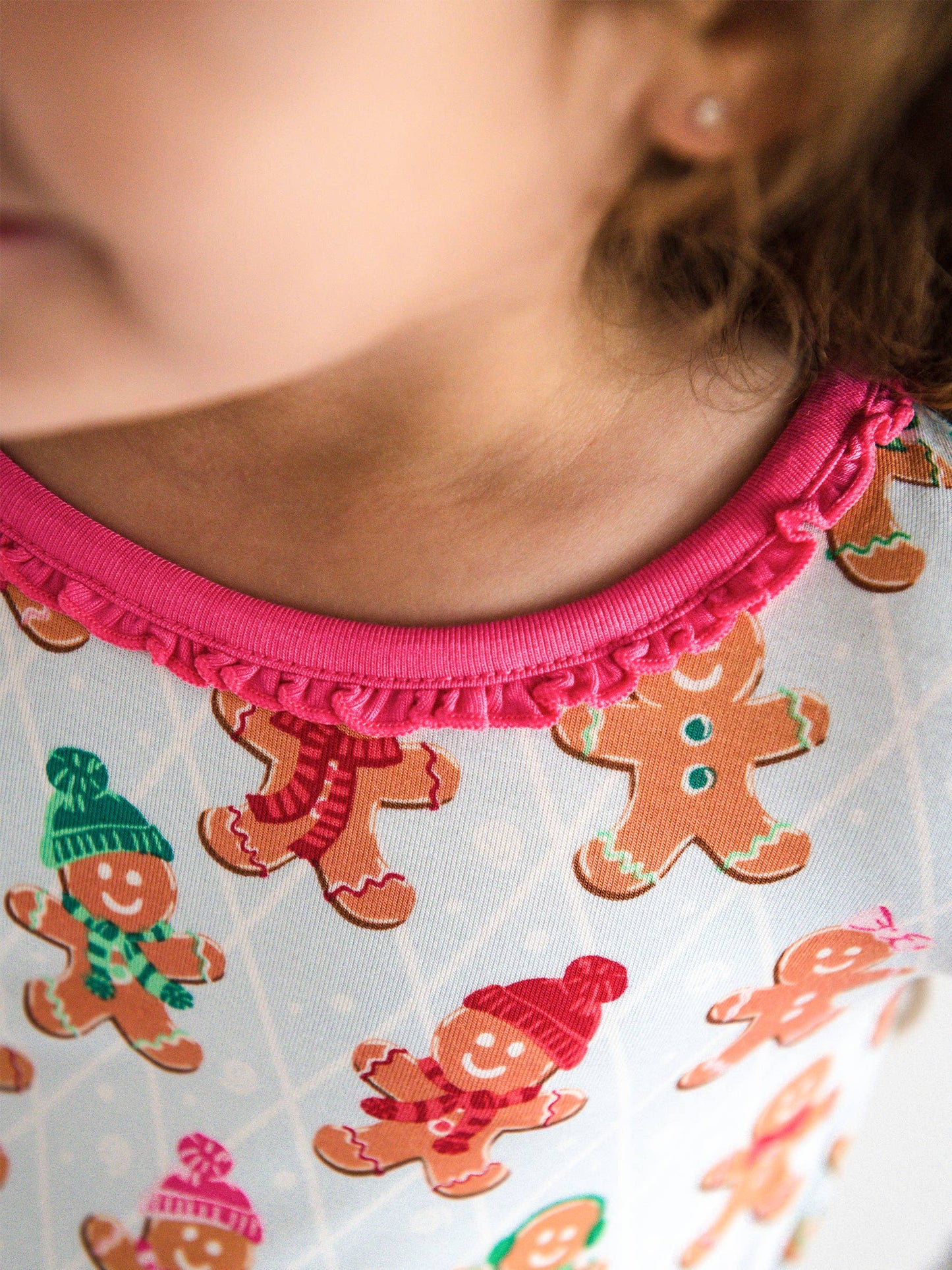 SoftSnooze™ Toddler Girls Bamboo Viscose Pink Gingerbread Buddies Ruffle Long Sleeve Pajama Set with Signature Rear Ruffles