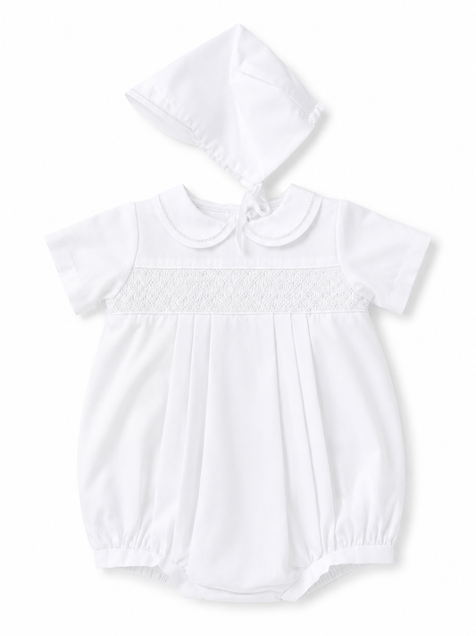White smocked baby boy romper