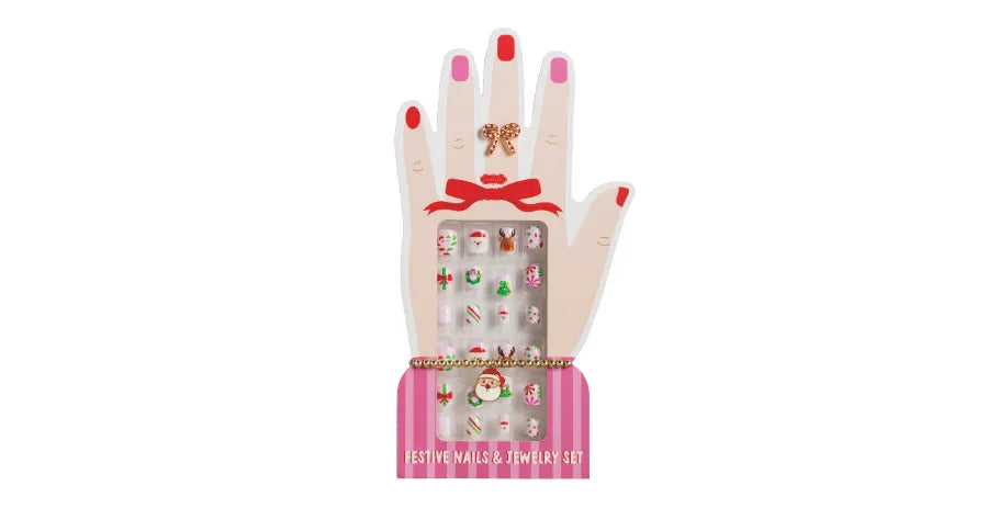Pink Christmas Nails & Jewelry Set