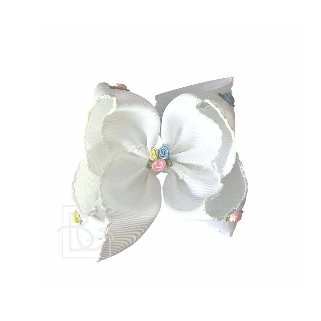 FLOWER EMBELLISHED CROCHET EDGE BOW ON ALLIGATOR CLIP