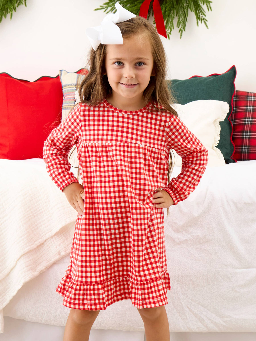 SoftSnooze™ Girls Red & White Gingham Long Sleeve Ruffle Pajama Night Gown