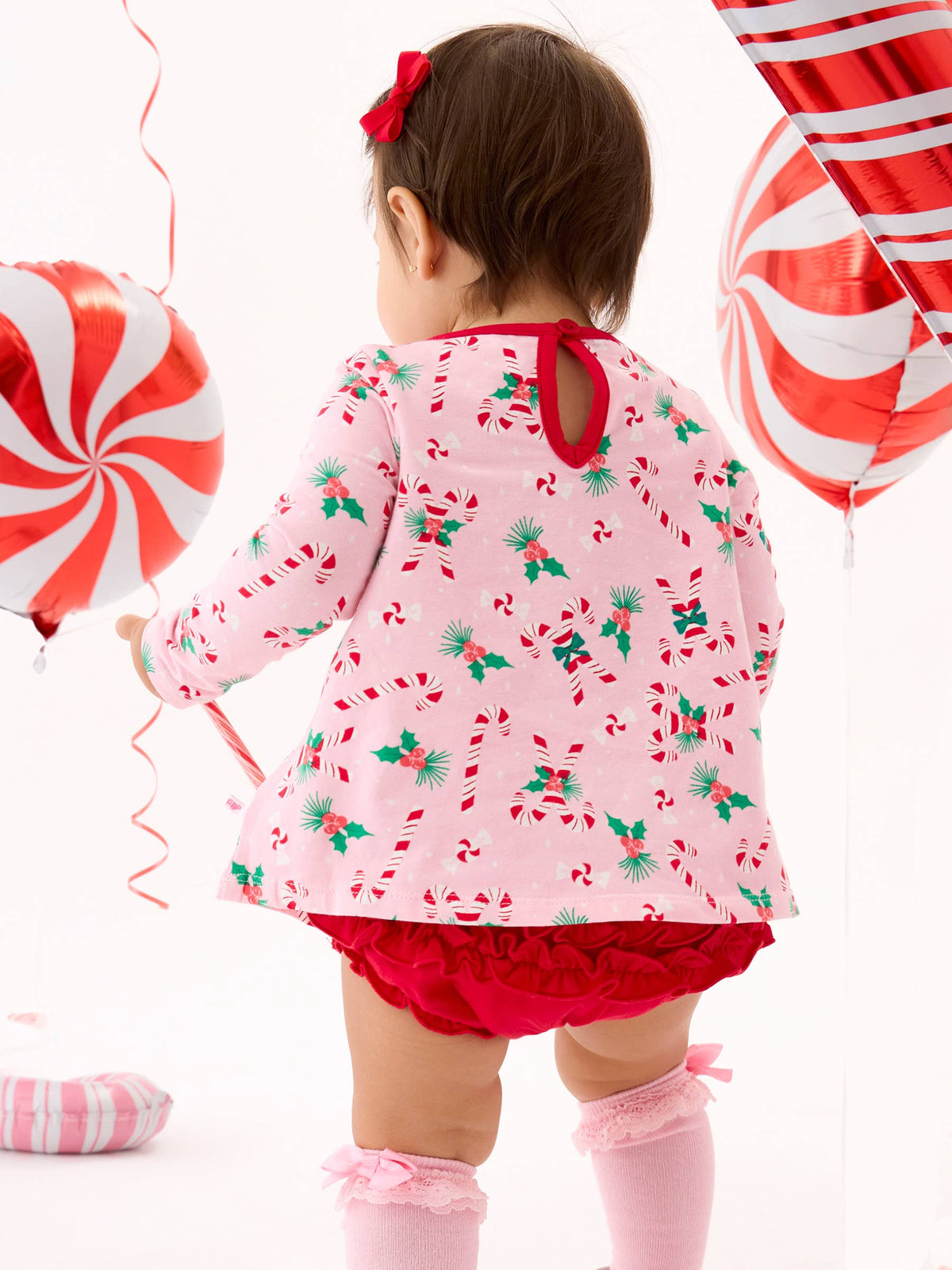 Baby Girls Holly Candy Canes Christmas Knit Long Sleeve Applique Pocket Swing Top & Ruffle Bloomer Set