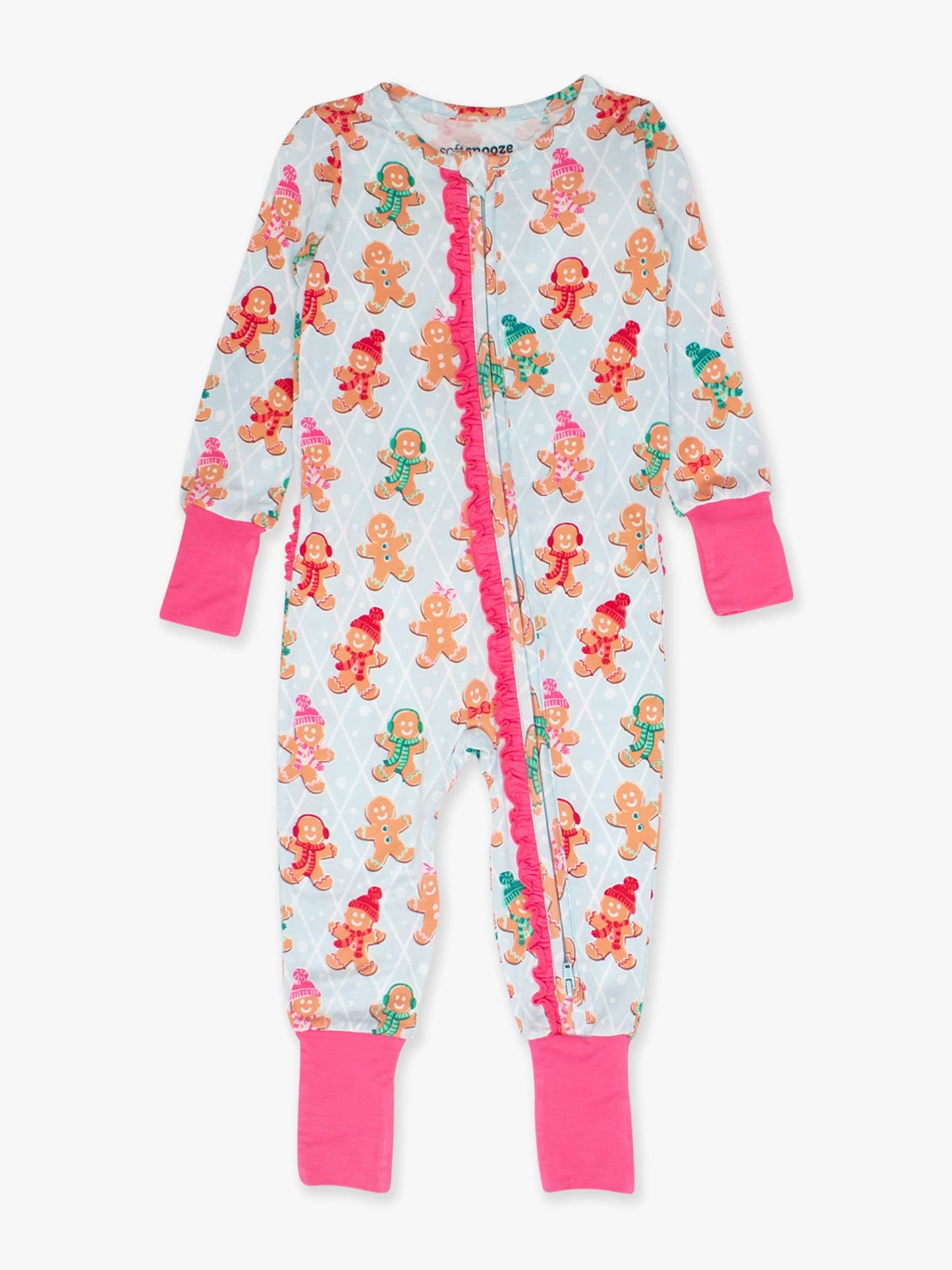 SoftSnooze™ Baby Girls Bamboo Viscose Pink Gingerbread Buddies Convertible Ruffle One Piece Footie Pajama