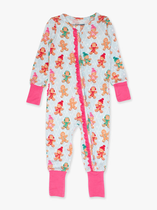 SoftSnooze™ Baby Girls Bamboo Viscose Pink Gingerbread Buddies Convertible Ruffle One Piece Footie Pajama