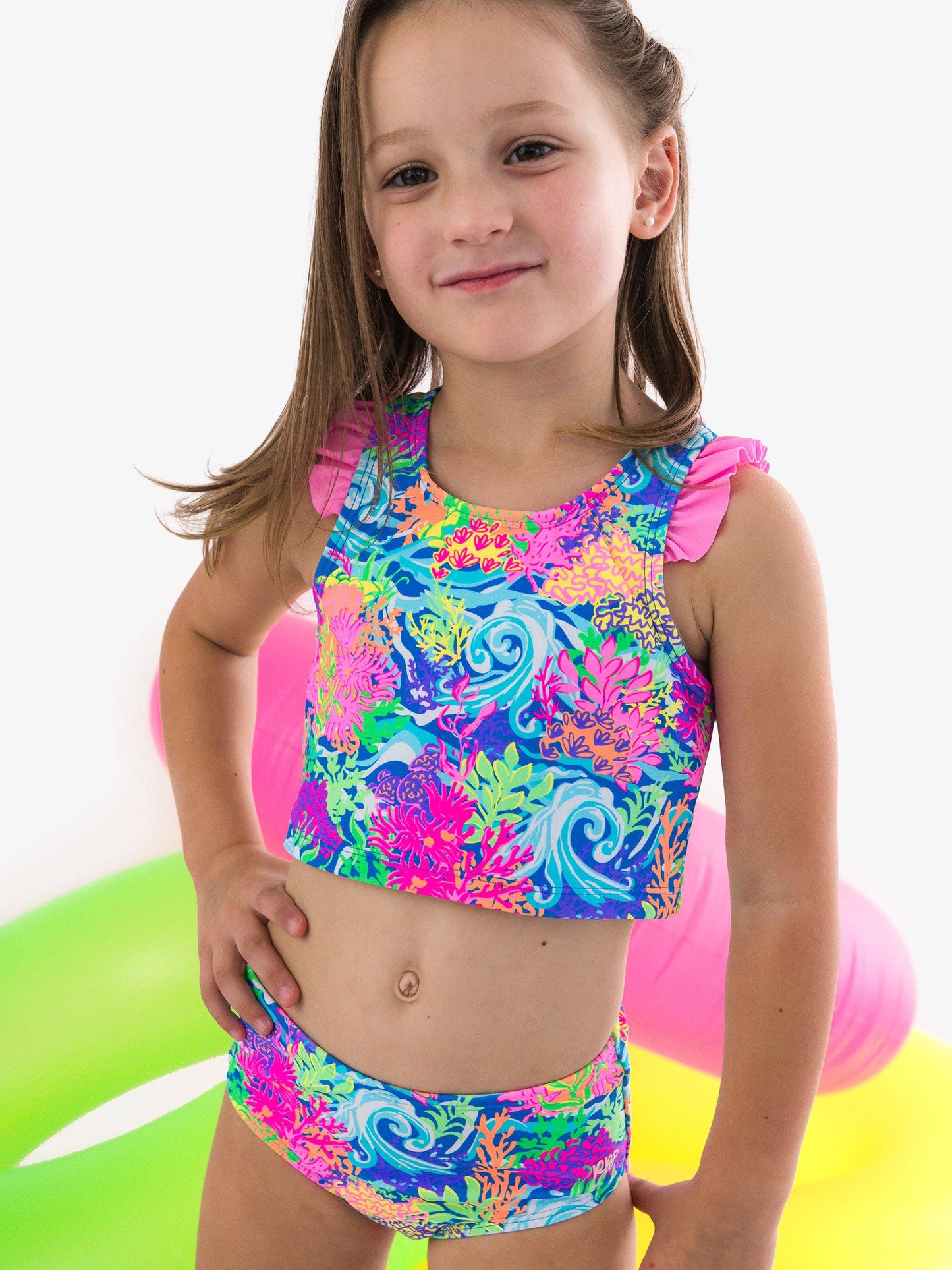Girls Neon Ocean Coral Racerback Flutter Tankini 2-Piece Swimsuit