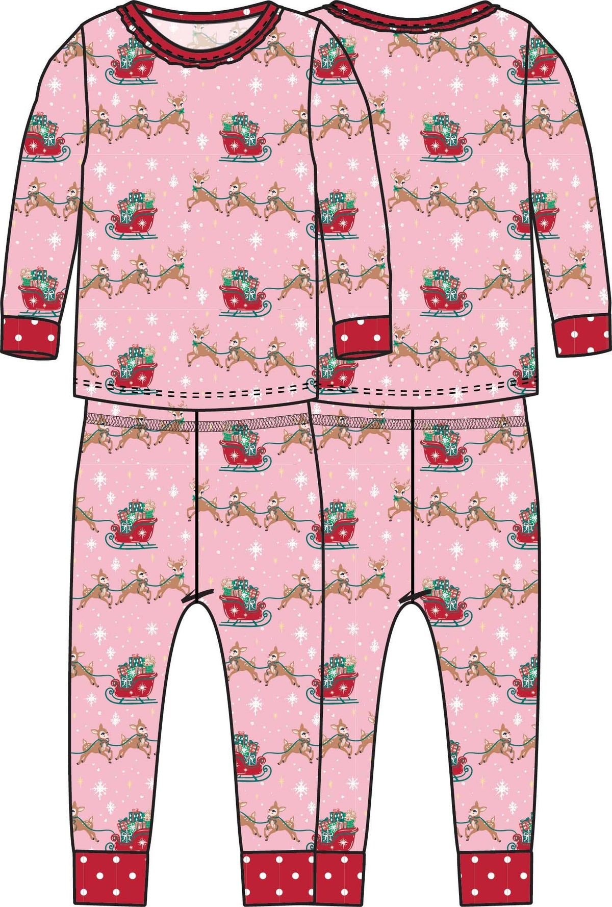 SoftSnooze™ Girls Bamboo Viscose Pink Christmas Reindeer Sleigh Ride Ruffle Long Sleeve Pajama Set