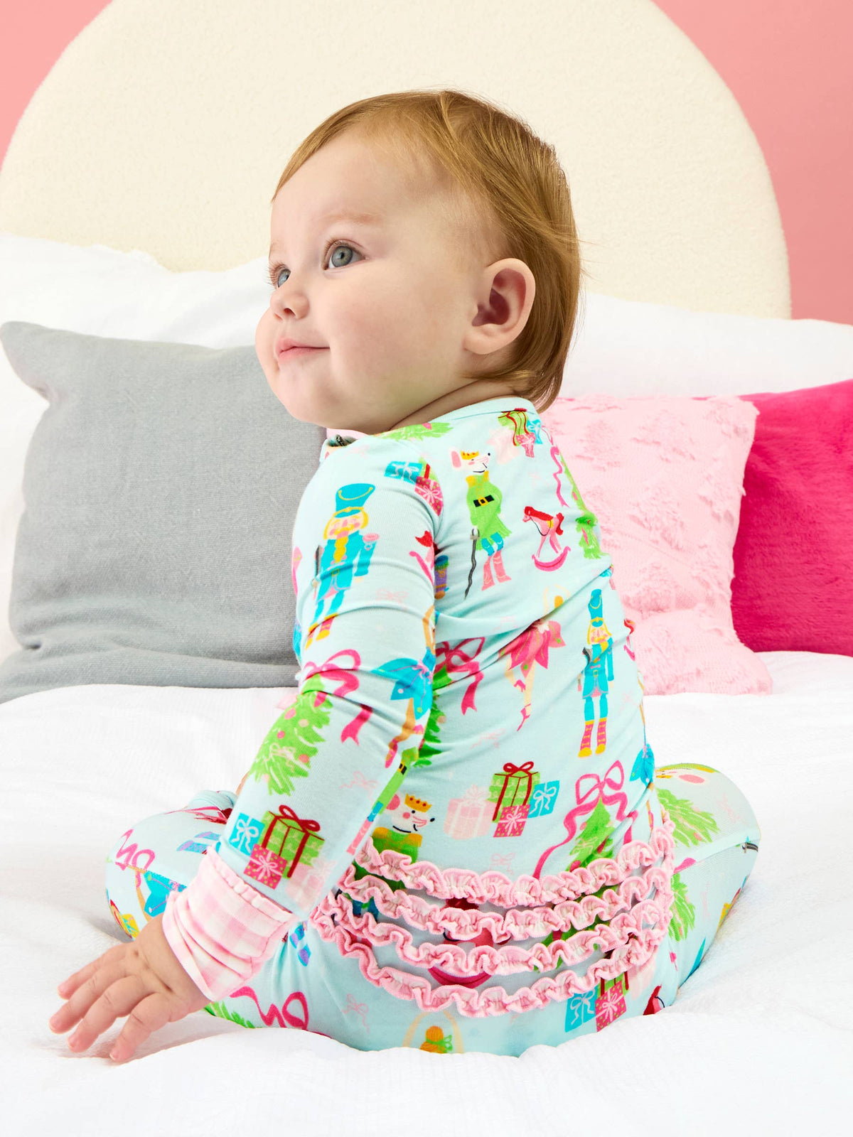 SoftSnooze™ Baby Girls Bamboo Viscose Nutcracker Christmas Wishes Convertible Ruffle One Piece Footie Pajama