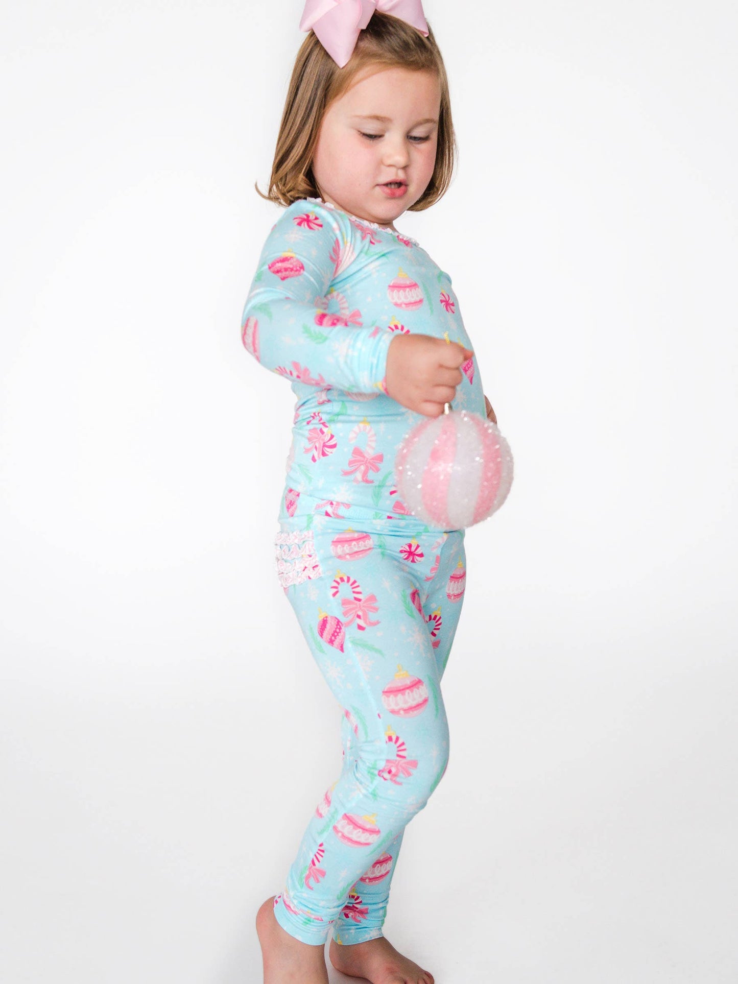 SoftSnooze™ Toddler Girls Bamboo Viscose Ornament Dreams Ruffle Long Sleeve Pajama Set with Signature Rear Ruffles