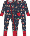 SoftSnooze™ Baby Bamboo Viscose Blue Christmas Reindeer Sleigh Ride Convertible One Piece Footie Pajama