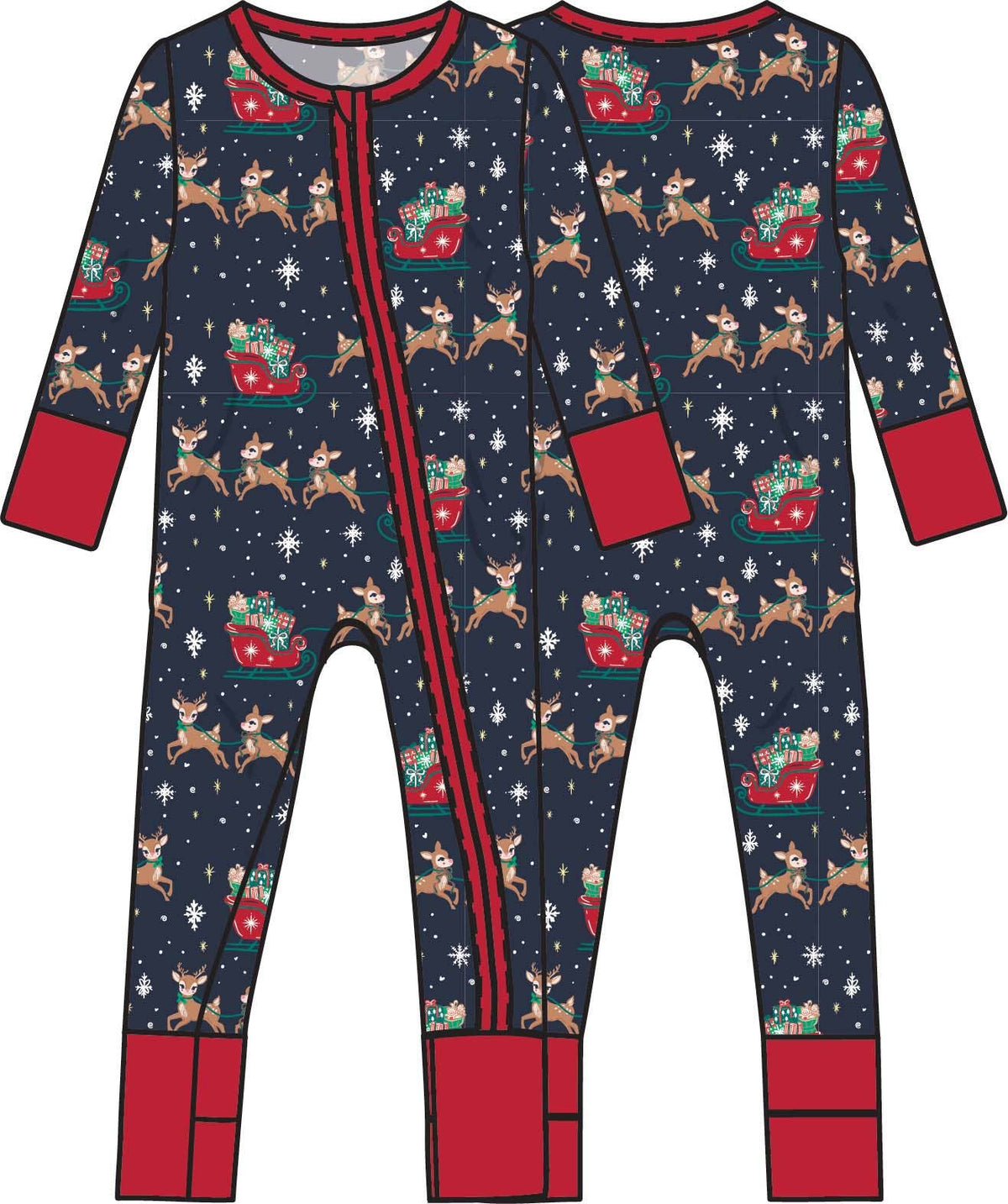 SoftSnooze™ Baby Bamboo Viscose Blue Christmas Reindeer Sleigh Ride Convertible One Piece Footie Pajama