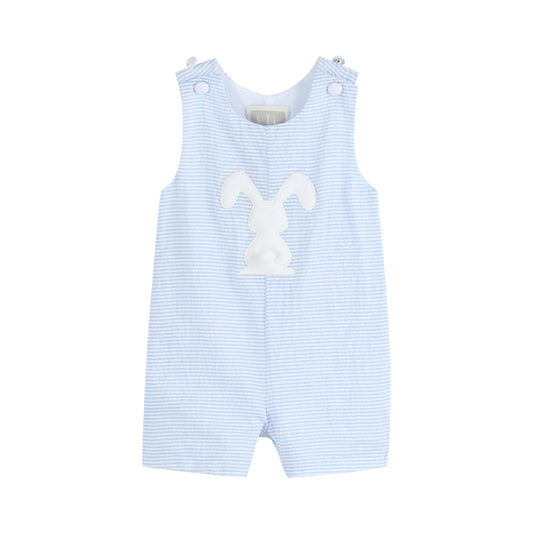 Light Blue Seersucker Pom Pom Bunny Shortalls