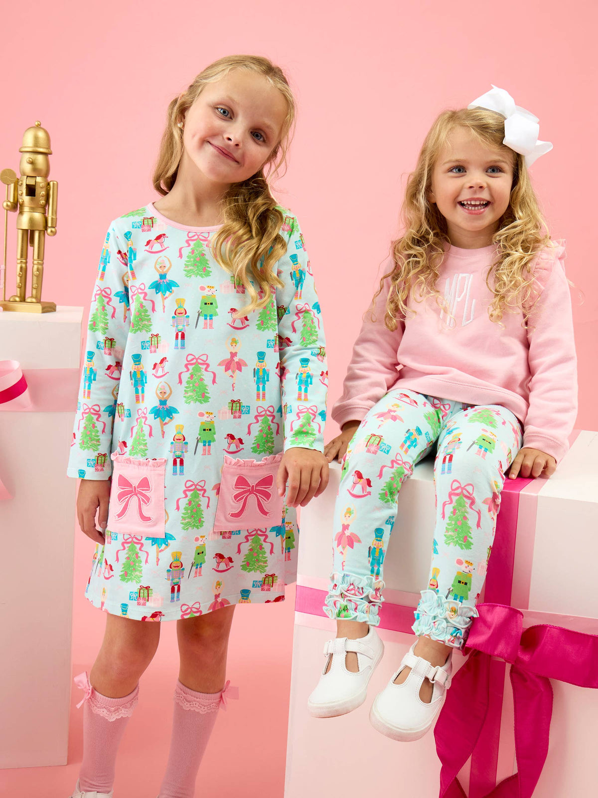 Baby Girls Nutcracker Christmas Wishes Knit Long Sleeve Applique Pocket Swing Top & Ruffle Bloomer Set