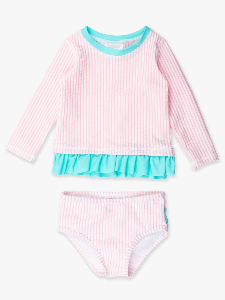 Seersucker Long Sleeve Rash Guard 2-Piece Swimsuit, With Signature Rear Ruffles